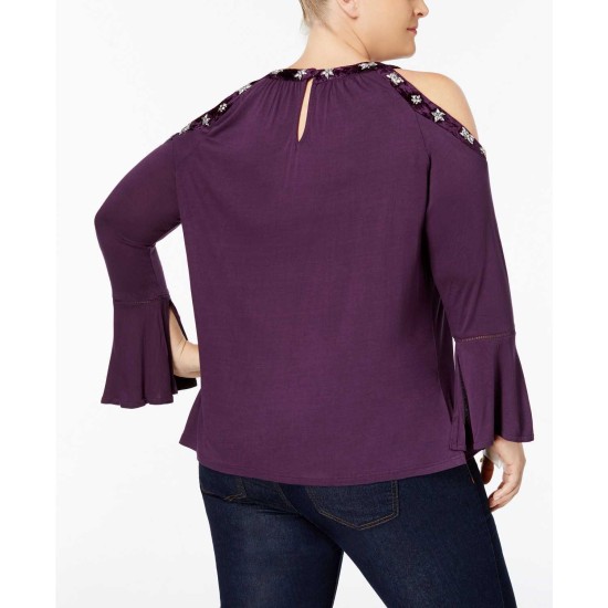  Women’s Plus Size Velvet-Trim Cold-Shoulder Pullover Blouse Tops