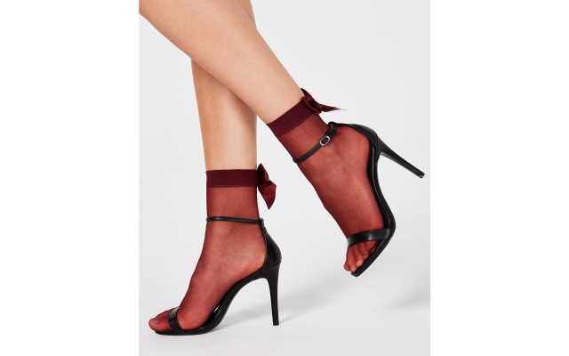  Women’s  Sheer Bow-Back Anklet Fashion Socks (Wine)