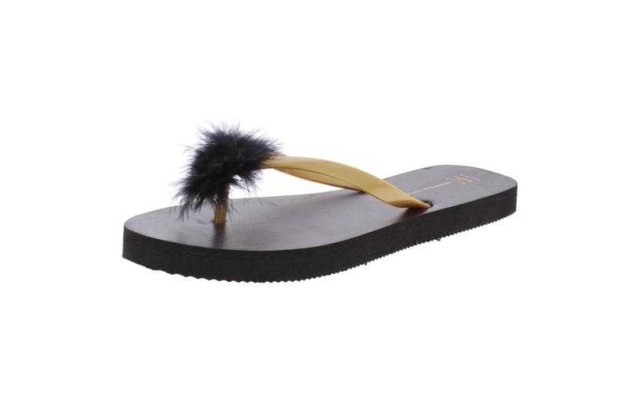  Womens Thong Po-Pom Flip-Flops (Black/Gold, 6-7)