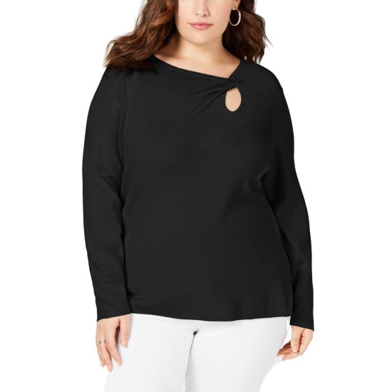  Women’s Twist-Front Long-Sleeve Sweater (Black, 1X)