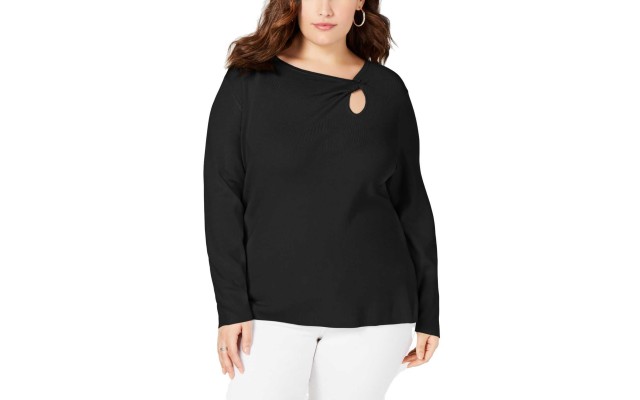  Women’s Twist-Front Long-Sleeve Sweater (Black, 1X)