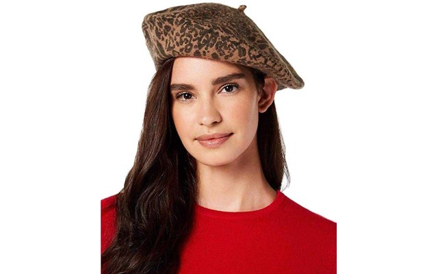  Women’s Wool Beret, Leopard-Print/Dark Beige