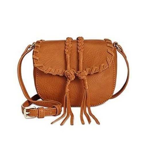 INC Womens Callie Leather Faux Leather Trim Saddle Handbag Brown Small
