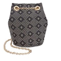 INC Womens Cheebee Pattern Chain Bucket Handbag Navy Small