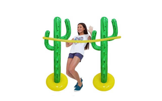 Inflatable Pool Party Games Set,  Summer Water Toys for Cool Outdoor and Poolside Parties for Teens and Kids Including Flamingo with Rings, Pool Party Pong, Double Water Slide and Cactus Limbo Kit