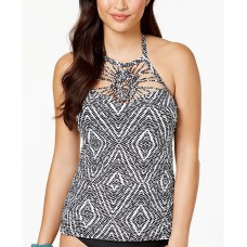 Island Escape Diamond Bay High-Neck Macrame Tankini Top Women’s Swimsuit (Black, 14)