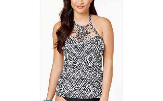 Diamond Bay High-Neck Macrame Tankini Top Women’s Swimsuit (Black, 14)