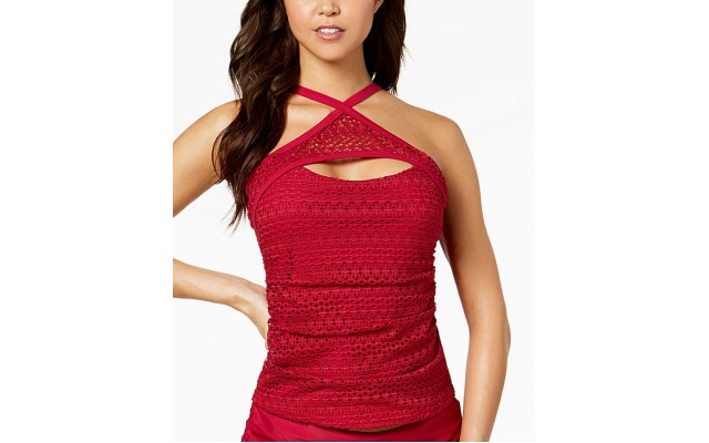  Lost At Sea Crochet High-Neck Top Women’s Swimsuit (Red, 8)