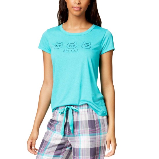  by fer Moore Embroidered-Graphic Pajama Top (Turquoise, L)