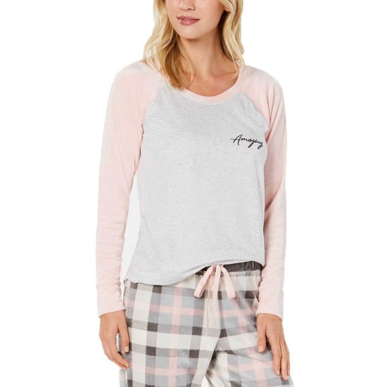  Velour-Sleeve Pajama Top (Gray/Pink, L)