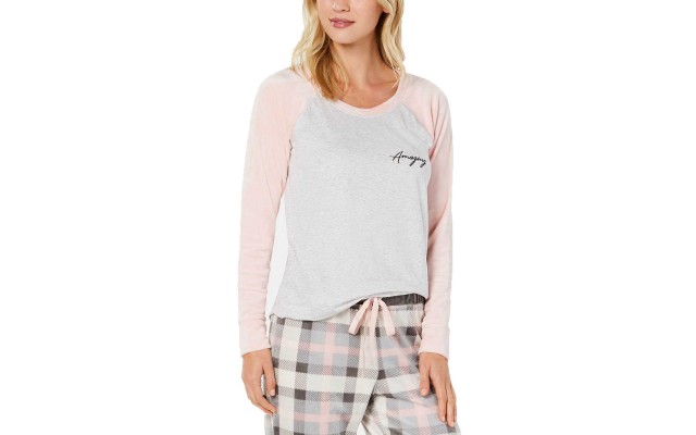  Velour-Sleeve Pajama Top (Gray/Pink, L)
