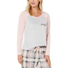 Jenni Velour-Sleeve Pajama Top (Gray/Pink, XL)
