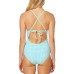  Gingham-Print Women’s Lace-Up One-Piece Swimsuit (Blue, S)