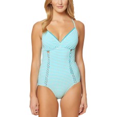 Jessica Simpson Gingham-Print Women’s Lace-Up One-Piece Swimsuit (Blue, S)