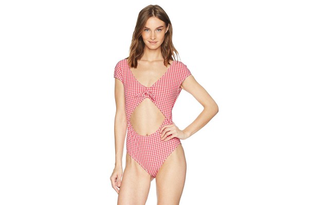  Women’s Retro Bow Cap Sleeve One-Piece Swimsuit (Gingham Peony, L)