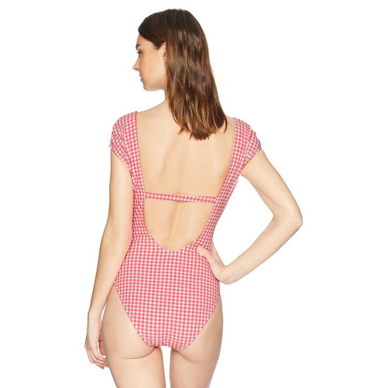  Women’s Retro Bow Cap Sleeve One-Piece Swimsuit (Gingham Peony, L)