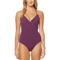 Jessica Simpson Women’s Under The Sea Scalloped Edge Halter One-Piece Swimsuit (Deep Plum, M)