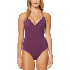 Jessica Simpson Women’s Under The Sea Scalloped Edge Halter One-Piece Swimsuit (Deep Plum, M)