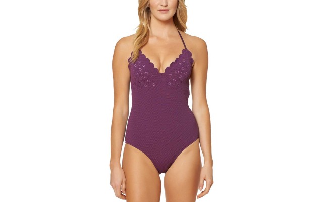  Women’s Under The Sea Scalloped Edge Halter One-Piece Swimsuit (Deep Plum, M)