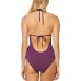  Women’s Under The Sea Scalloped Edge Halter One-Piece Swimsuit (Deep Plum, M)