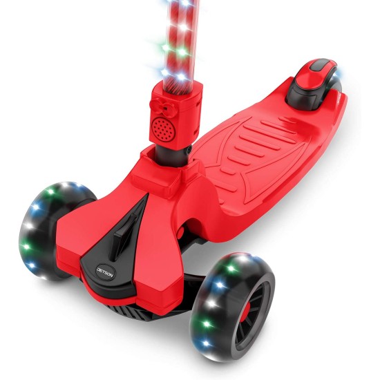 Saturn Folding 3-Wheel Kick Scooter with Light-Up Stem & Deck, Lean-to-Steer Design with Sturdy Wide Deck & Adjustable Height, for Kids 3 & Up