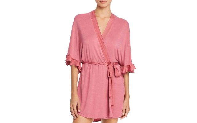  Satin-Trim Wrap Robe (Coral, S)