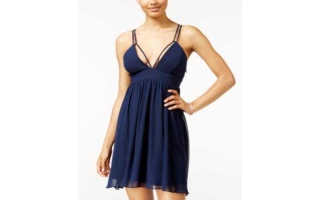  Apparel Junior’s Chiffon Shirred Short Dress with Deep V Neck (Navy, 11/12)