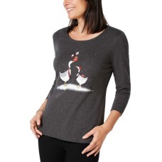 Karen Scott Cotton Goose-Graphic Top (Charcoal, L)