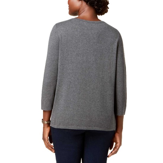  Embroidered 34-sleeve Sweater (Charcoal Heather Combo, M)