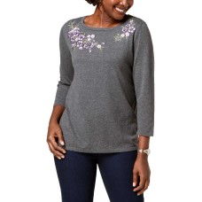 Karen Scott Embroidered 34-sleeve Sweater (Charcoal Heather Combo, M)