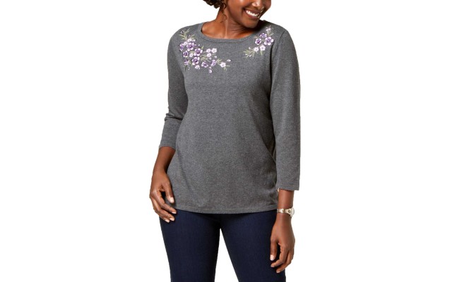  Embroidered 34-sleeve Sweater (Charcoal Heather Combo, M)