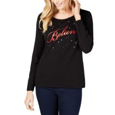 Karen Scott Long-Sleeve Embellished Graphic T-Shirt (Deep Black, L)