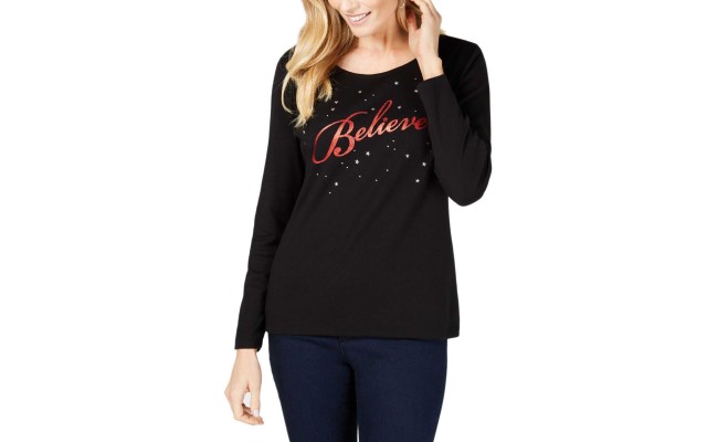  Long-Sleeve Embellished Graphic T-Shirt (Deep Black, L)