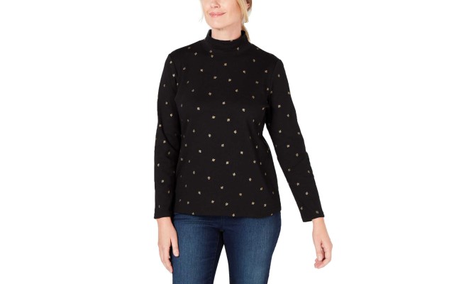  Petite Leaf-Print Top (Deep Black, PXL)