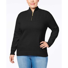 Karen Scott Plus Cotton Cable-Knit Half-Zip Sweater (Black, 0X)