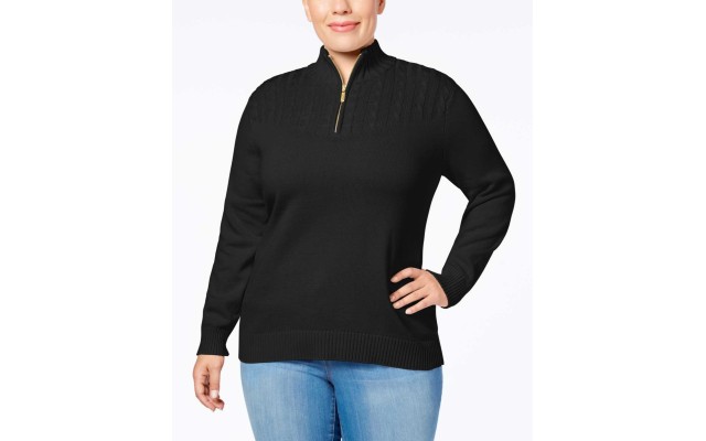  Plus Cotton Cable-Knit Half-Zip Sweater (Black, 0X)