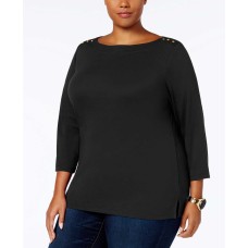 Karen Scott Plus Ribbed-Trim Top (Black, 0X)