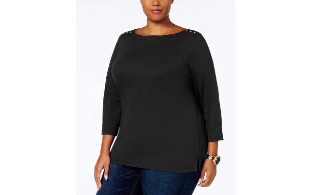  Plus Ribbed-Trim Top (Black, 0X)