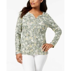 Karen Scott Printed Long Sleeve Henley Heather (Pastel Blue, S)