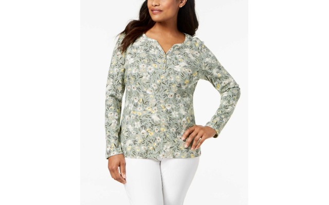  Printed Long Sleeve Henley Heather (Pastel Blue, S)