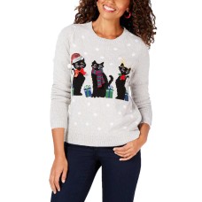 Karen Scott Sequin-Embellished Holiday-Graphic Sweater (Grey Marl, XXL)