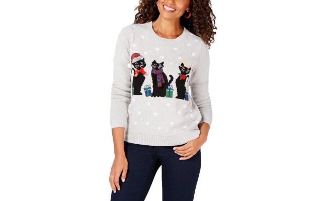  Sequin-Embellished Holiday-Graphic Sweater (Grey Marl, XXL)