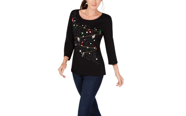  Women's Cotton Holiday Lights Sequin Blouse Pullover Shirt Tops