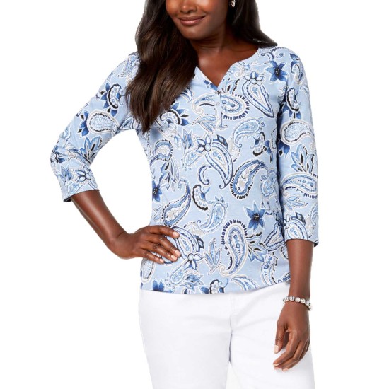  Women's Petite Printed Henley Blouse Pullover Shirt Tops