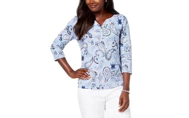  Women's Petite Printed Henley Blouse Pullover Shirt Tops