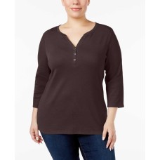 Karen Scott Women’s Plus Size Cotton Henley Blouse Pullover Shirt Tops