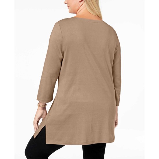  Women's Plus Size Cotton Tunic Tops, Brown, 1X