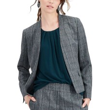 Kasper Stand-Collar Flyaway Plaid Jacket (Grey, 10 B+B)