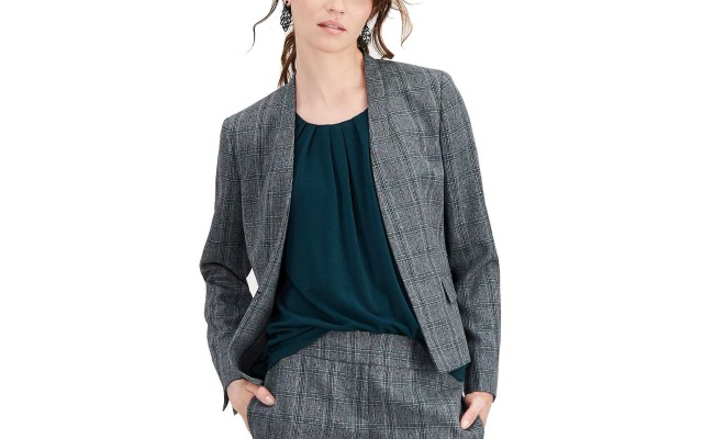  Stand-Collar Flyaway Plaid Jacket (Grey, 10 B+B)