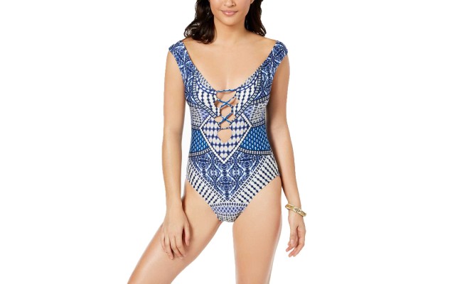 Hidden Paradise Off-The-Shoulder Tummy-Control One-Piece Swimsuit (Blue, X-Large)